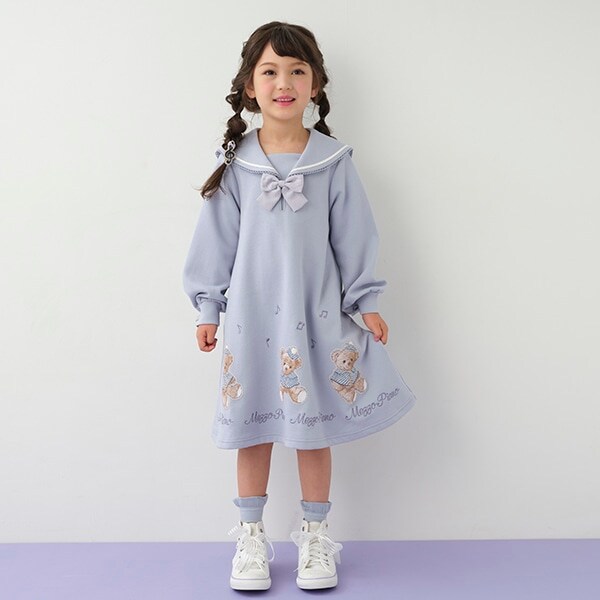 くまアップリケ　セーラーカットワンピース