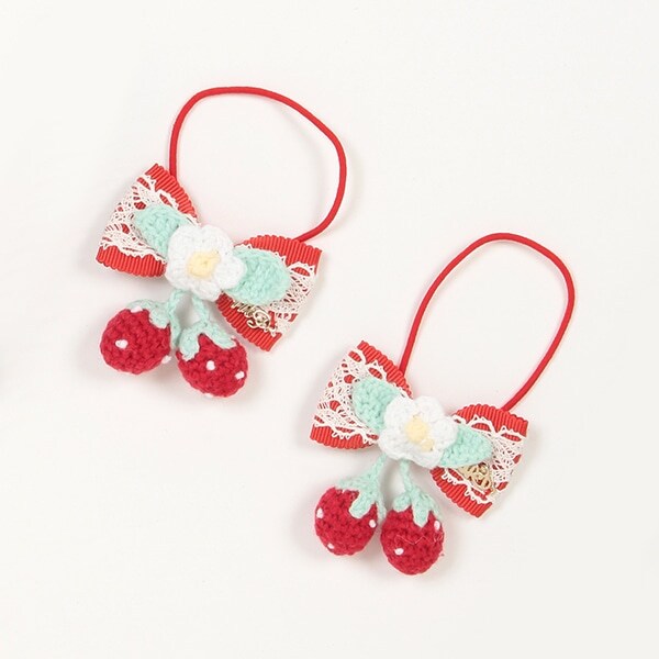 イチゴ編みモチーフ　リボンヘアポニー　2個セット【日本製】