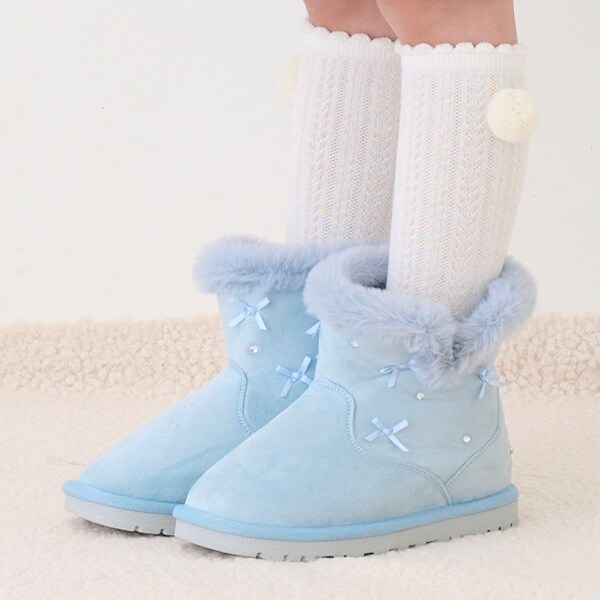 ビジューリボン　ムートン風ブーツ