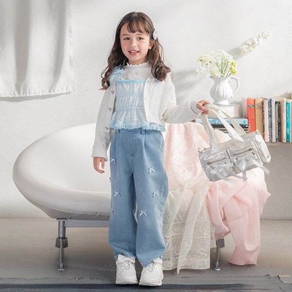 リボン　デニムワイドパンツ