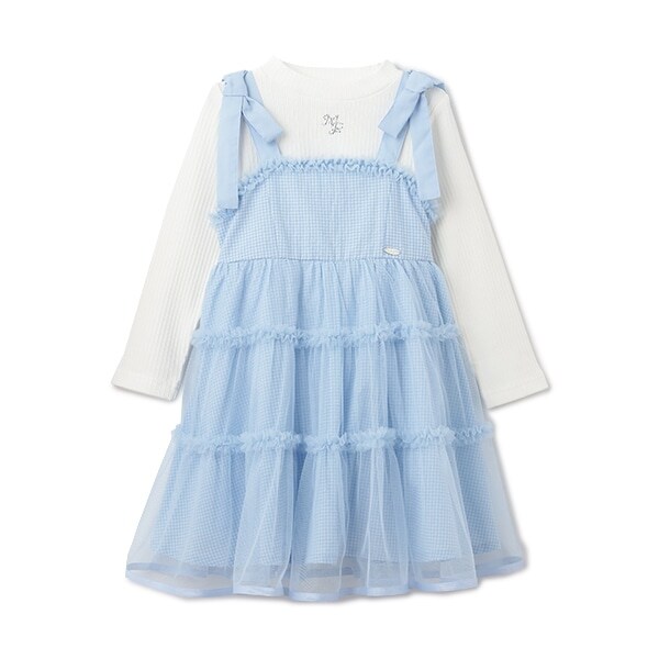 ギンガムティアードチュールワンピース＆長袖Tシャツセット