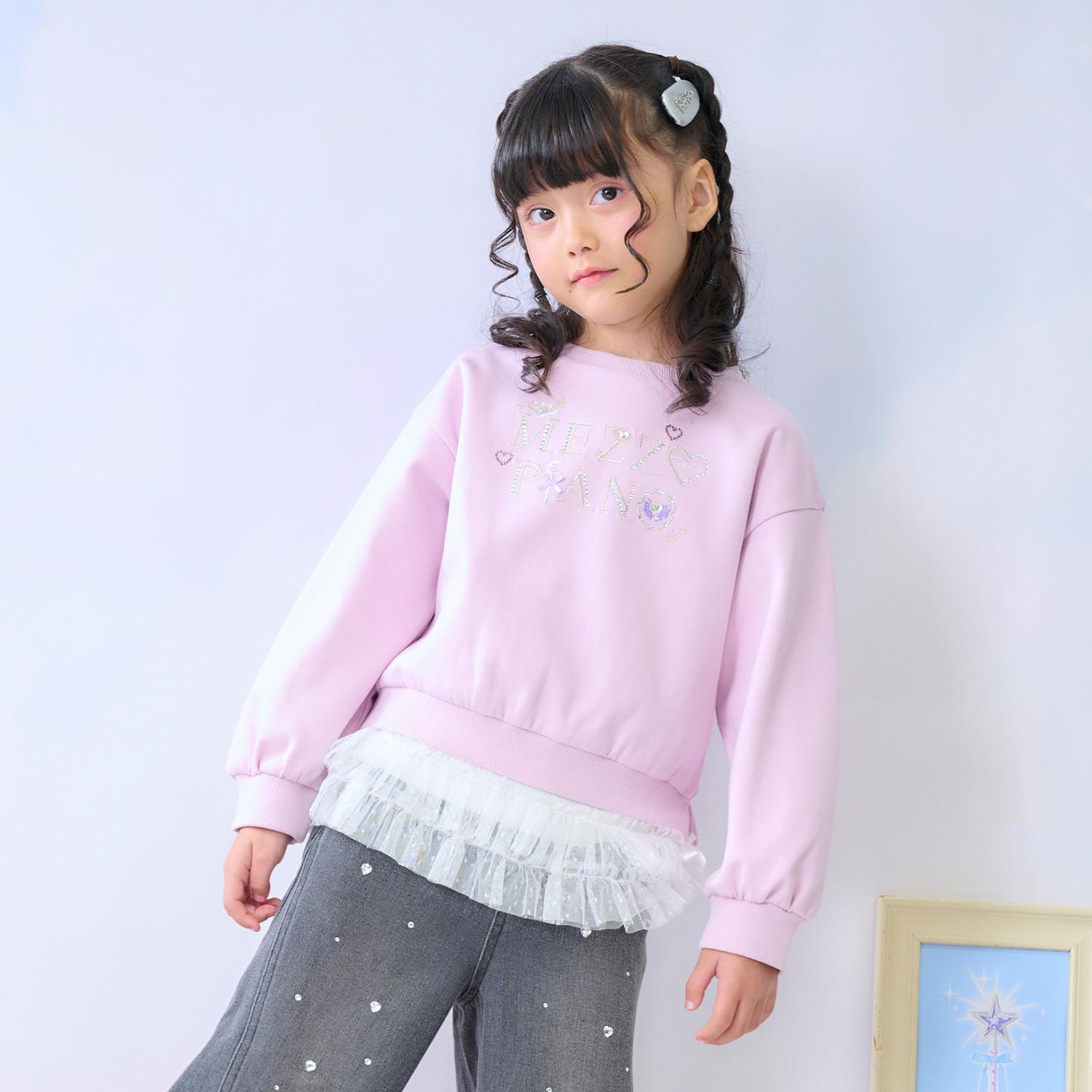 ラインストーンロゴトレーナー＆裾チュールTシャツセット