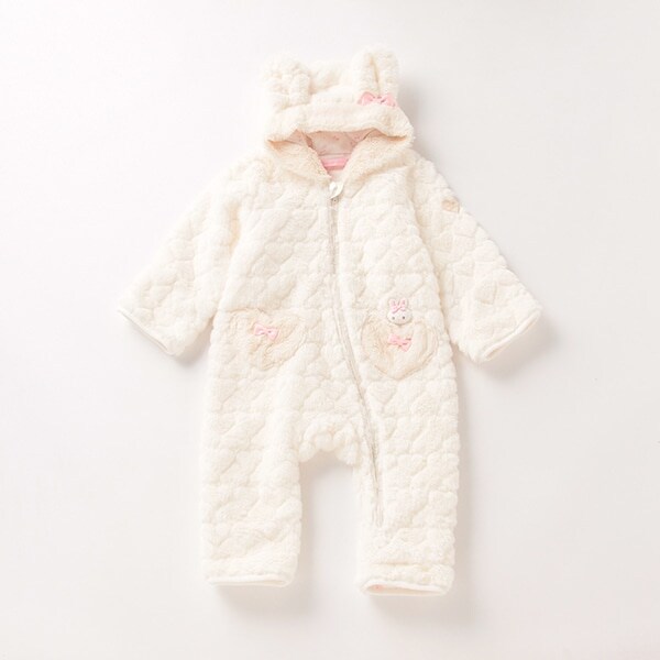 ウサギマスコットつきハート柄フェイクファーアウターオール