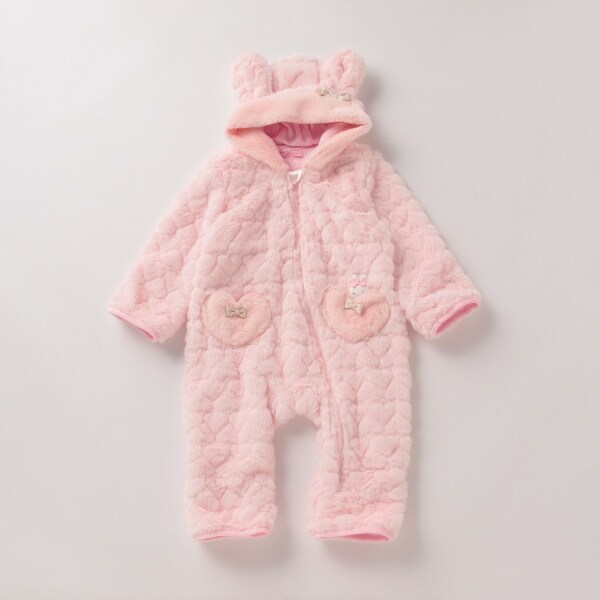 ウサギマスコットつきハート柄フェイクファーアウターオール