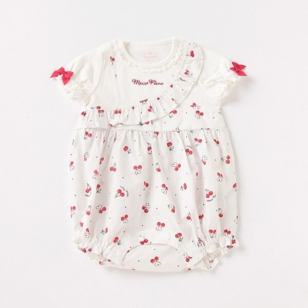 チェリー柄切り替えフリルロンパース
