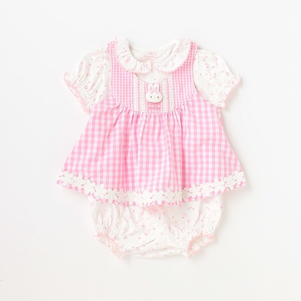ウサギマスコットつきギンガムエプロンロンパース