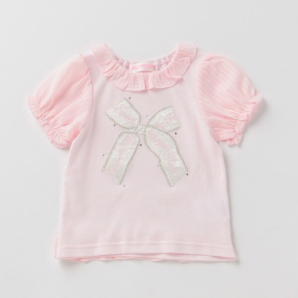 サテンリボンシアーチェック切り替えTシャツ