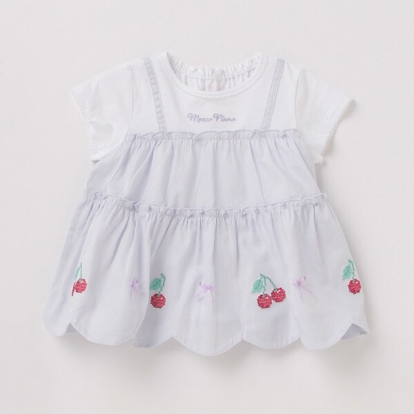 裾スカラップチェリー刺しゅうドッキングTシャツ