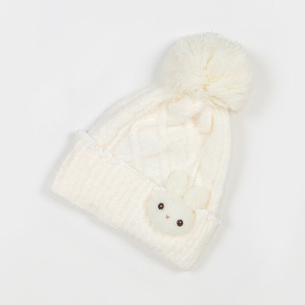 ボアウサギマスコットつき　マシュマロニット帽【日本製】