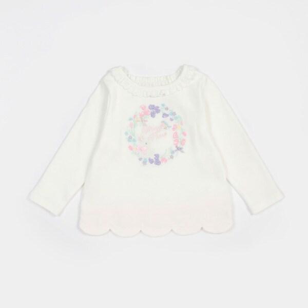 うさぎサークルフラワー裾スカラップ　長袖Tシャツ