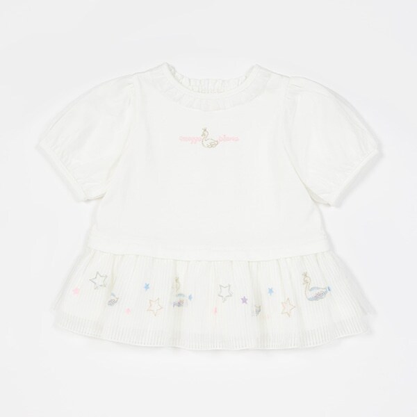 スワン刺しゅう裾フリル　5分袖チュニック