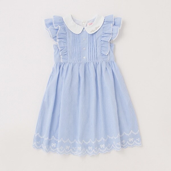 【人気商品再入荷】【直営店で取り扱い無し】衿つき肩フリル　ストライプワンピース