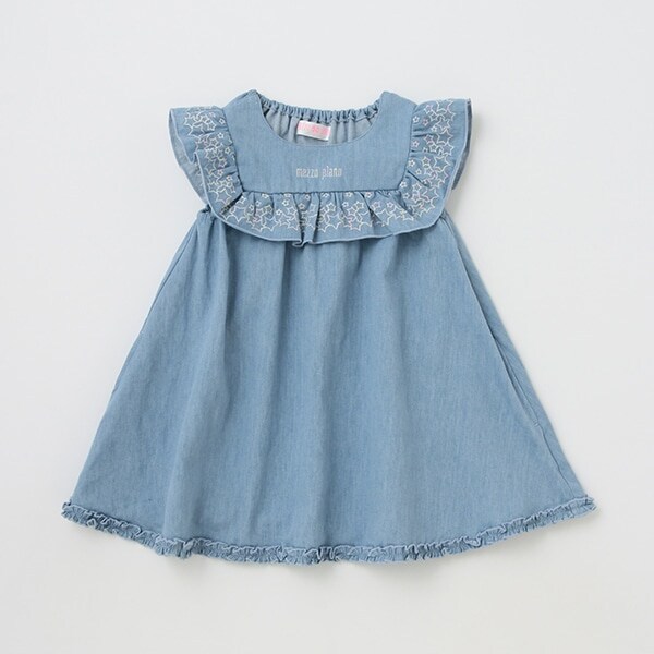 【人気商品再入荷】【直営店で取り扱い無し】デニム星刺しゅうフリル　ワンピース