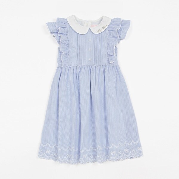 【人気商品再入荷】【直営店で取り扱い無し】衿つき肩フリル　ストライプワンピース