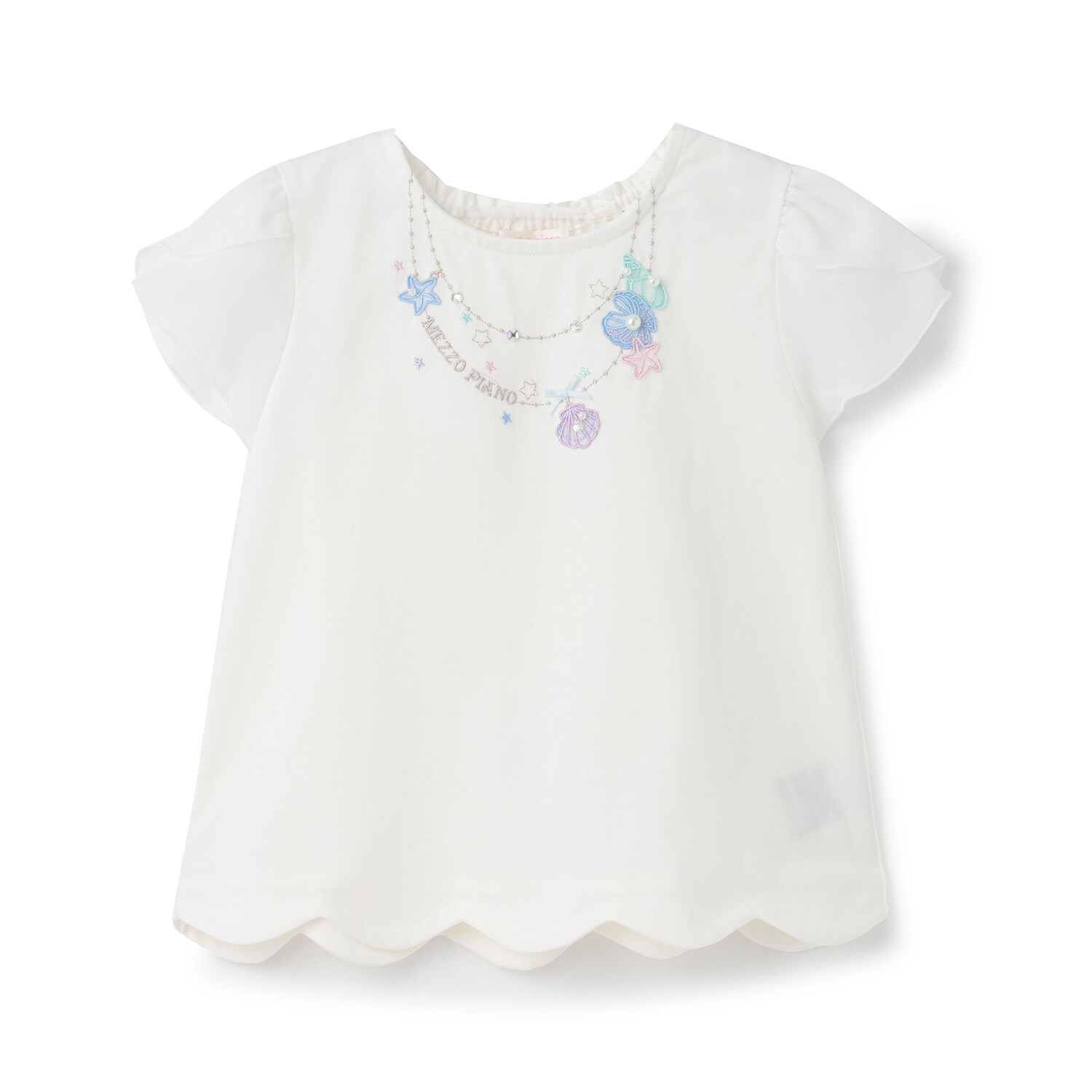 【人気商品再入荷】【直営店で取り扱い無し】シェルネックレス刺しゅう　裾スカラップTシャツ