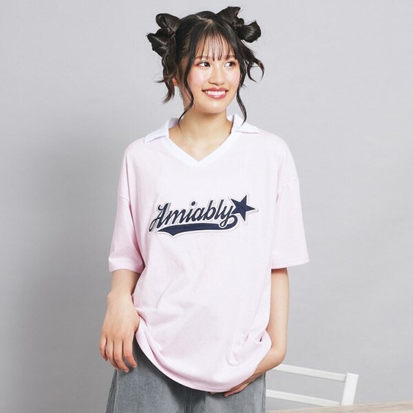 【接触冷感】Vネック衿付きアップリケビッグTシャツ