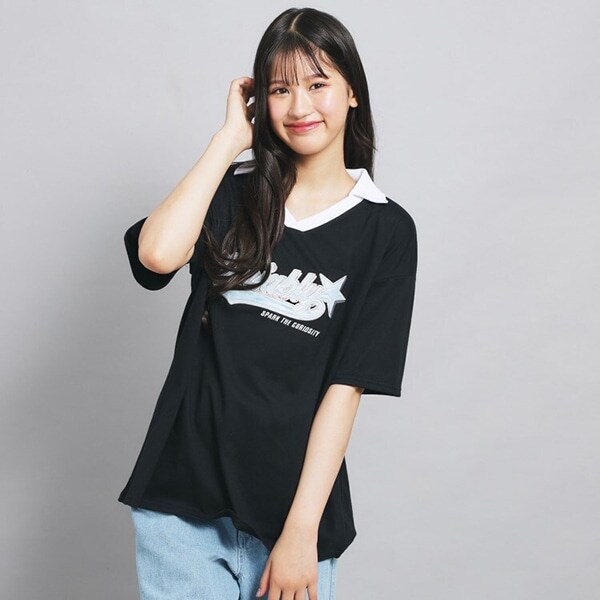 【接触冷感】Vネック衿付きアップリケビッグTシャツ