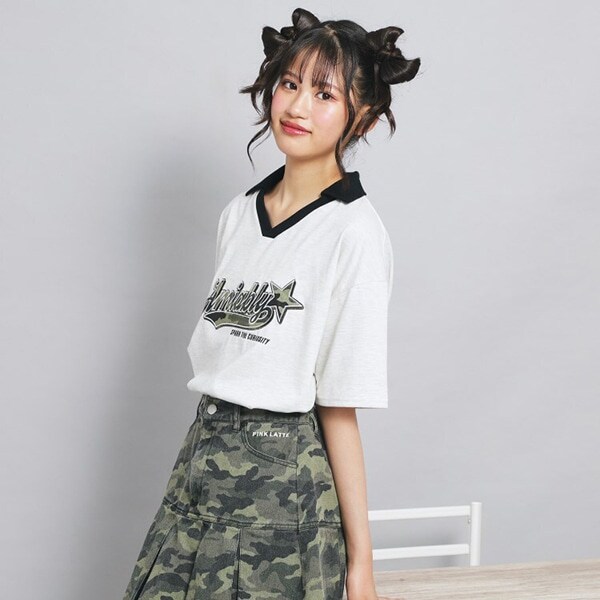 【接触冷感】Vネック衿付きアップリケビッグTシャツ