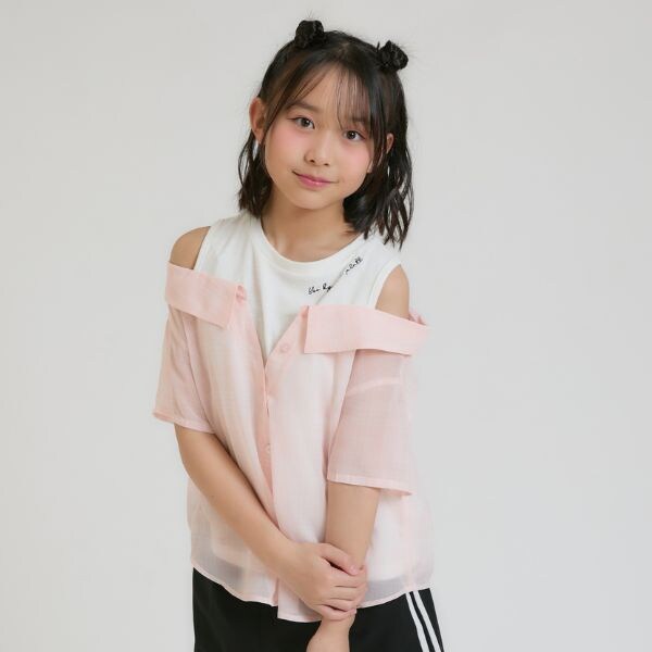 肩あきシアーチェックドッキングシャツ