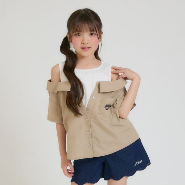 【別注】肩あきシャツドッキングトップス