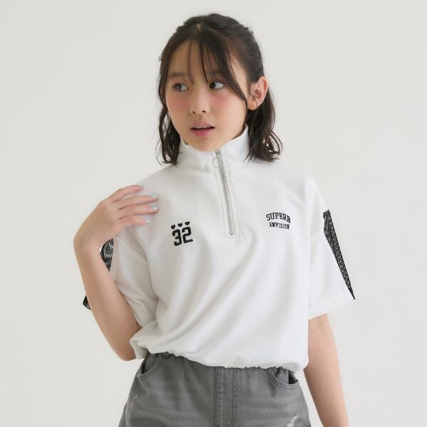 袖メッシュハーフジップ半袖Tシャツ