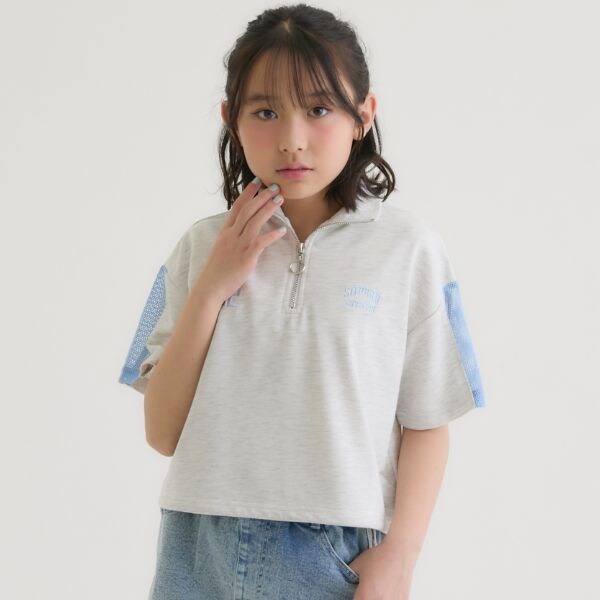 袖メッシュハーフジップ半袖Tシャツ