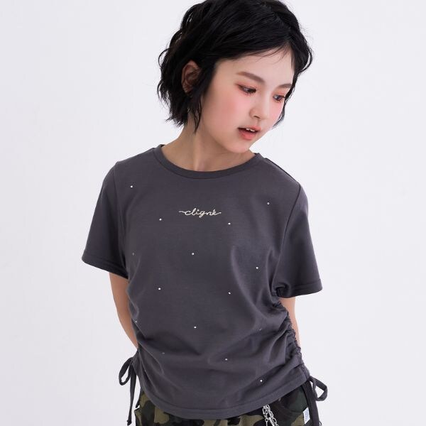 ラインストーン脇ドロストTシャツ