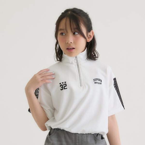 袖メッシュハーフジップ半袖Tシャツ2