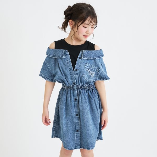 肩あきドッキンクデニムシャツワンピース