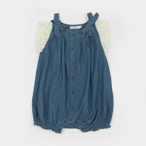 【カーバーオール/ロンパース】【オーシャン＆グラウンド】デニムリボンギャザーロンパス