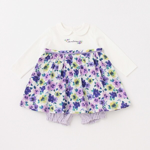 水彩花柄ワンピース+カバーパンツ