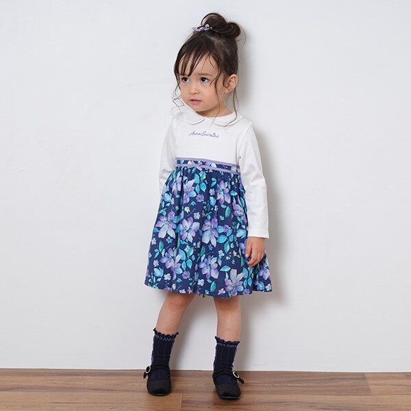 水彩花柄ワンピース+カバーパンツ