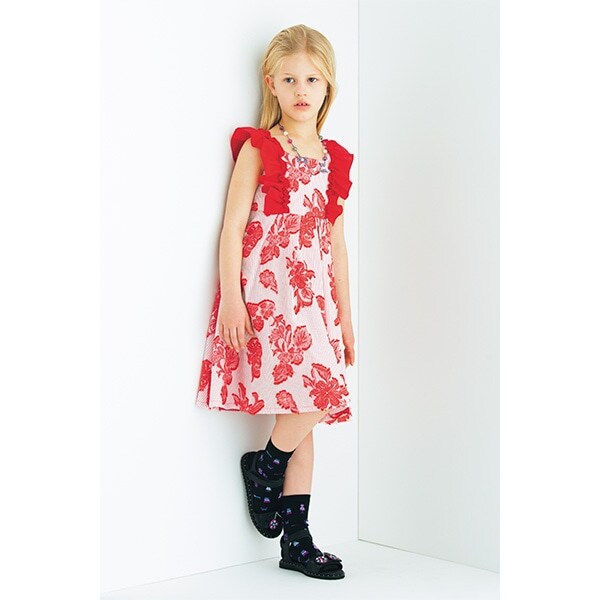 肩フリル総柄ジャカードワンピース