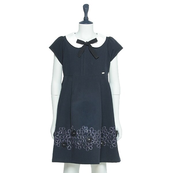 【セレモニー】衿つき裾フラワー刺しゅう半袖ワンピース