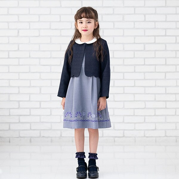 【セレモニー】裾刺しゅう半袖無地ワンピース