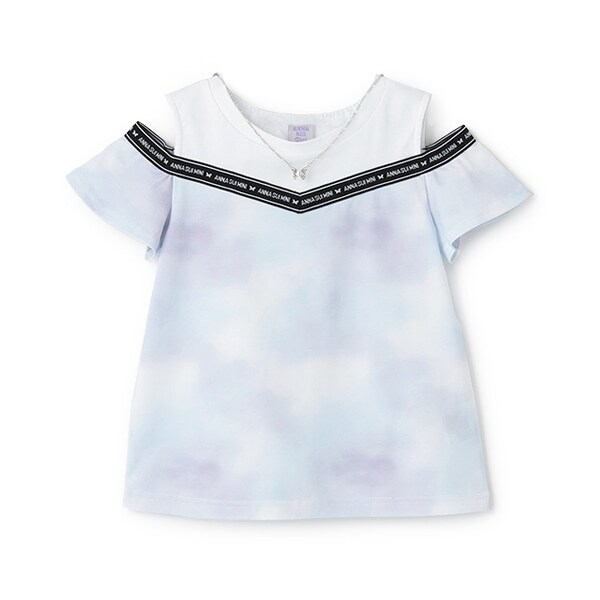 ネックレスつきロゴテープ肩あきTシャツ