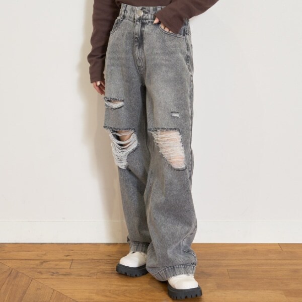 【LTXC】ダメージデニムワイドパンツ