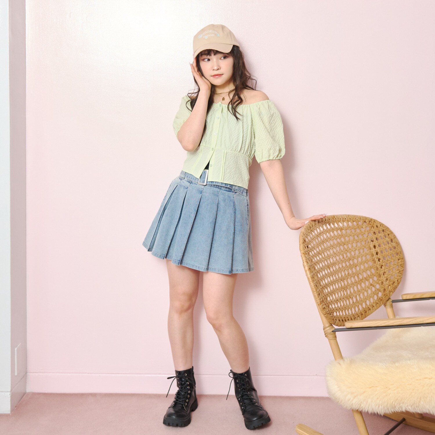 【LTXC】ベルトつきデニムプリーツスカート