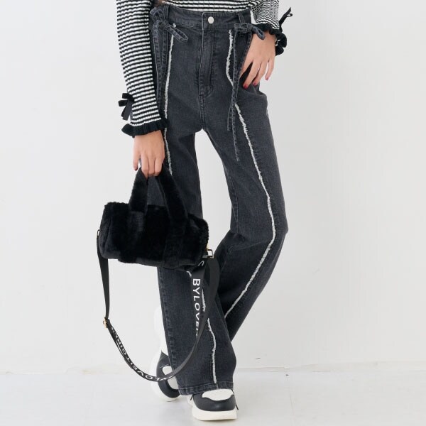 リボン付きフリンジデニムパンツ