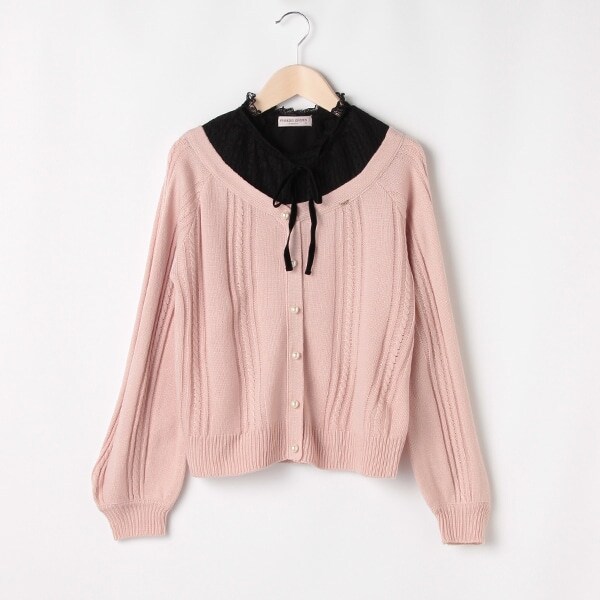 【人気商品再入荷】【直営店で取り扱い無し】 リボンタイつきレースレイヤード風ニット