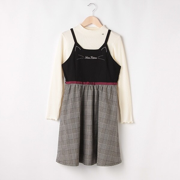 【リピート】【直営店で取り扱い無し】 ネコモチーフ切り替えワンピース×プチハイネックTシャツセット