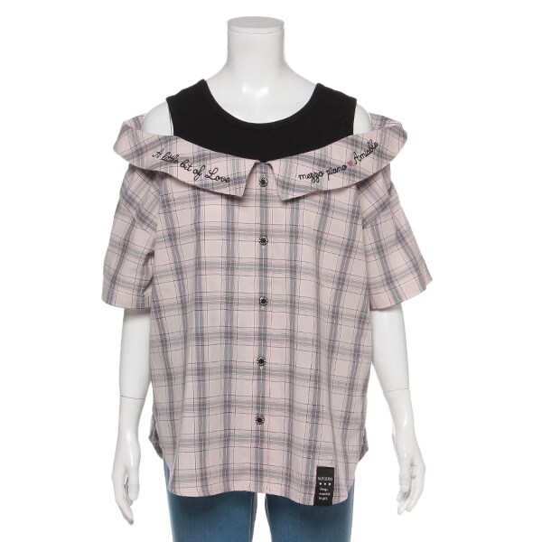 チェックレイヤード風肩出しブラウス