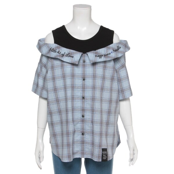 チェックレイヤード風肩出しブラウス