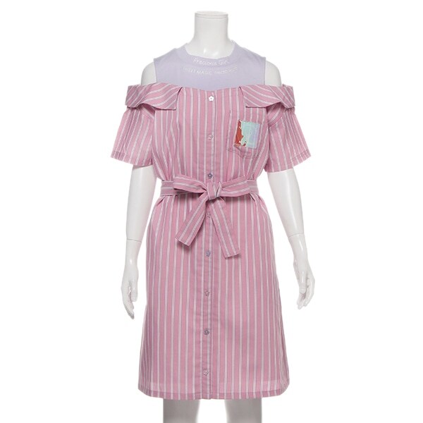 オーロラパッチつきストライプレイヤード風シャツワンピース