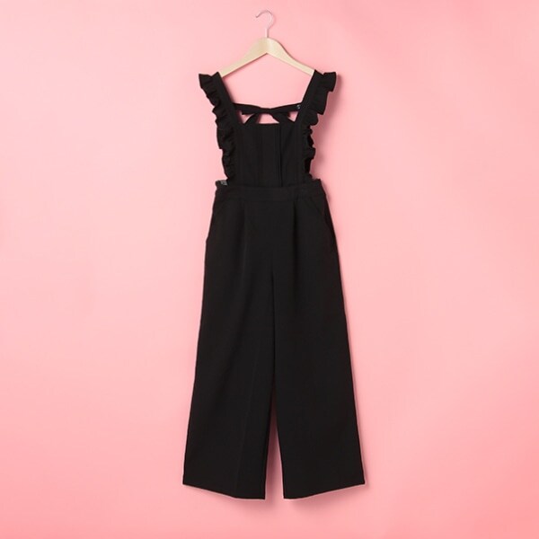 肩フリルワイドパンツサロペット