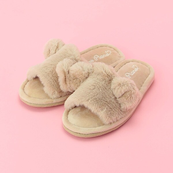 フェイクファークマ耳つきルームシューズ