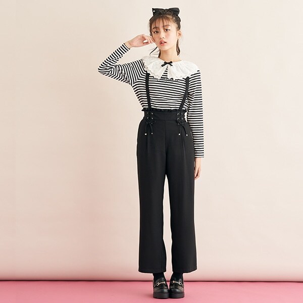 レースアップリボンつりつきロングパンツ