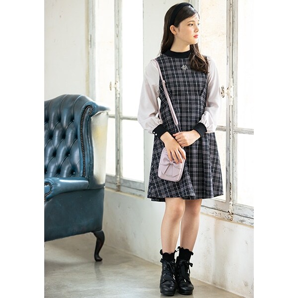 ジャカードチェック袖布帛ワンピース