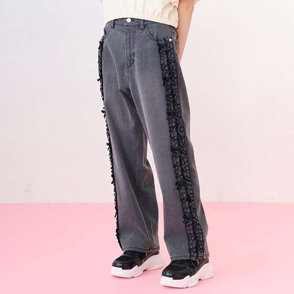 サイドフリルストレートデニムパンツ