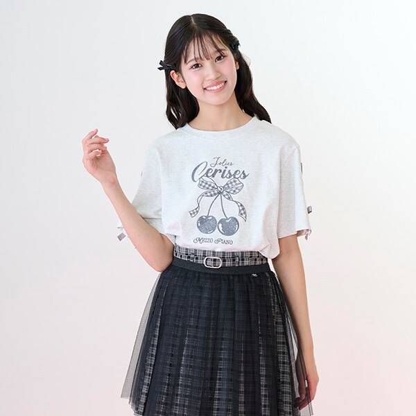 【Cuugal掲載】【接触冷感】袖レースアップリボンチェリーTシャツ